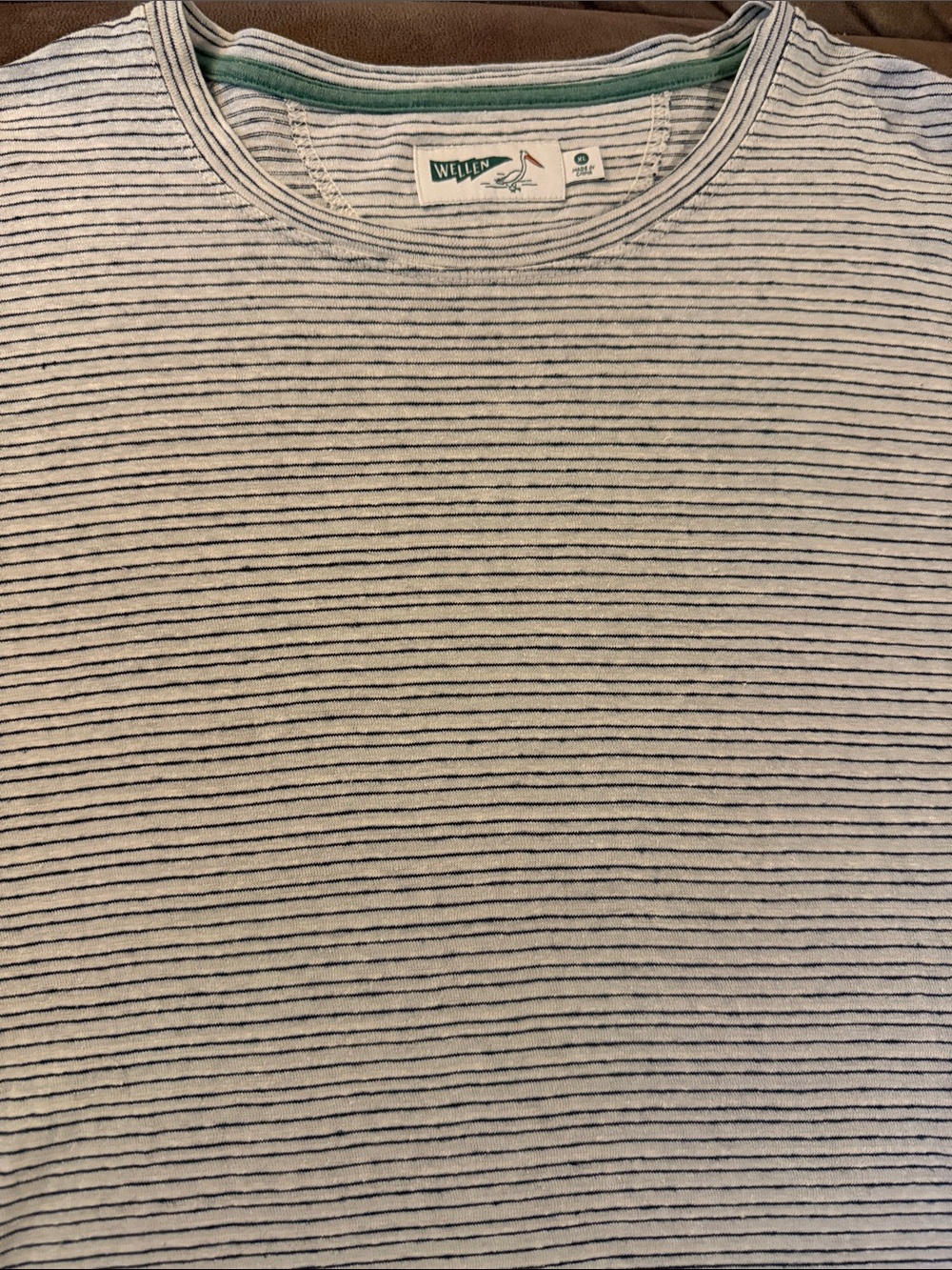 Wellen  Men’s White Tee with Thin Navy Stripes and Green Neck Trim